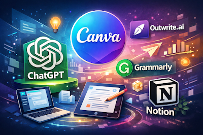 AI tools for productivity - ChatGPT, Canva, Grammarly, Notion and Outwrite.ai illustration