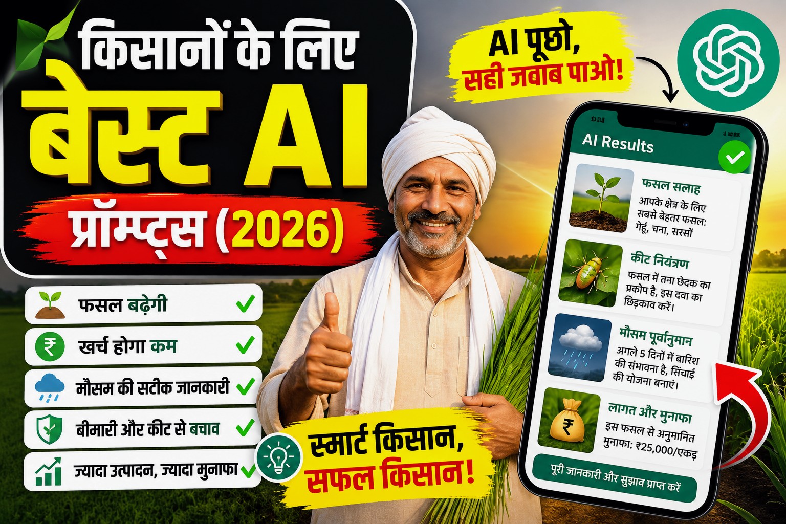 Best AI Prompts for Farmers in Hindi 2026 showing a farmer using AI on a smartphone for crop advice, weather forecasts, pest control, and farming guidance.
