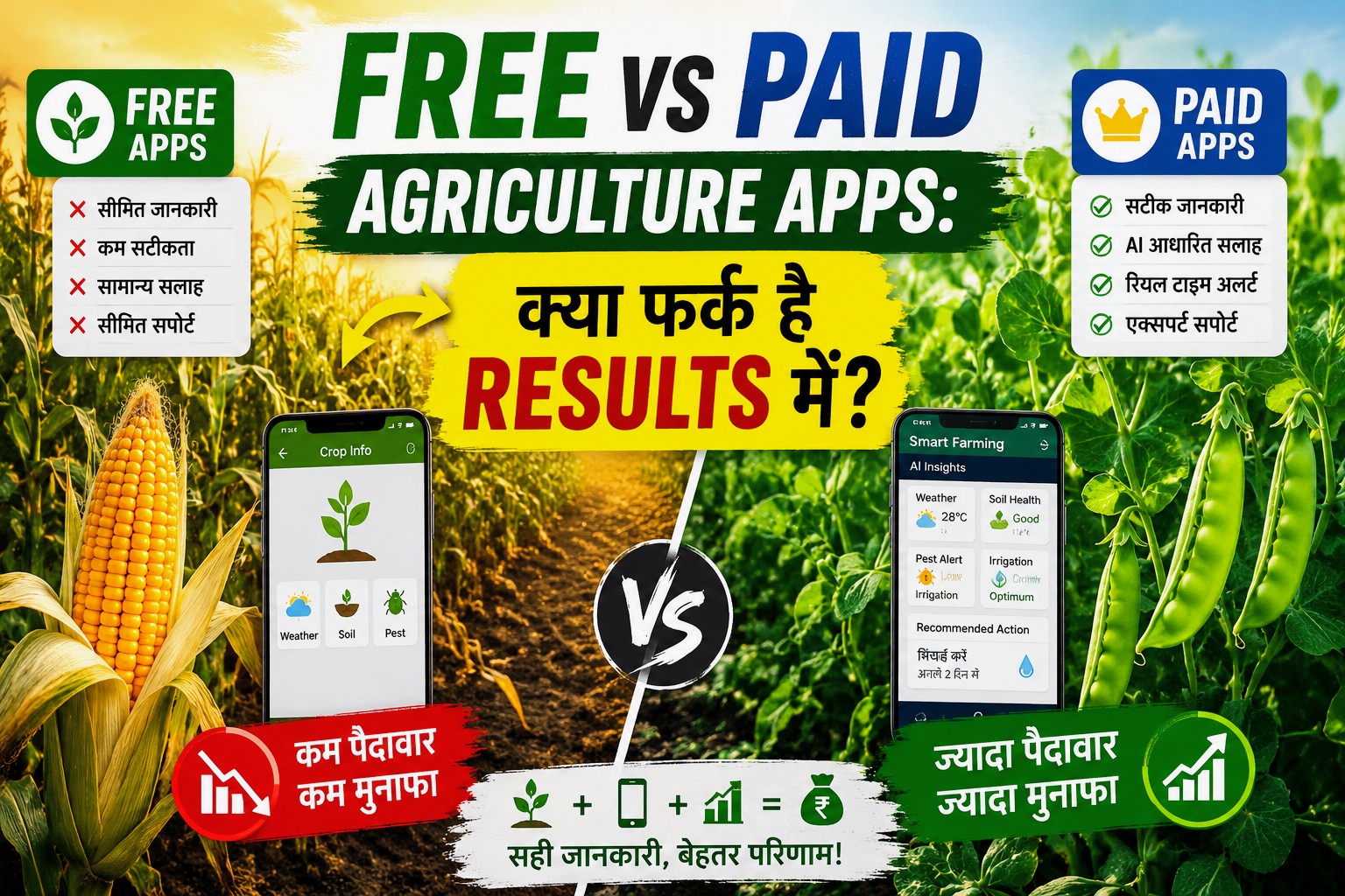 Free aur Paid Agriculture Apps ka comparison, makka aur matar ki kheti ke saath farming app results aur productivity difference dikhata hua thumbnail.
